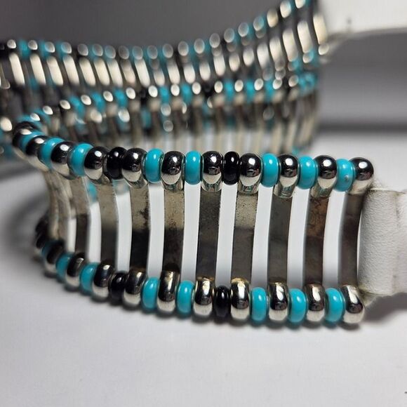 IRO White Leather Belt Silver Studs Turquoise Black Bead Accents Edgy Boho Sz 80 main image 4